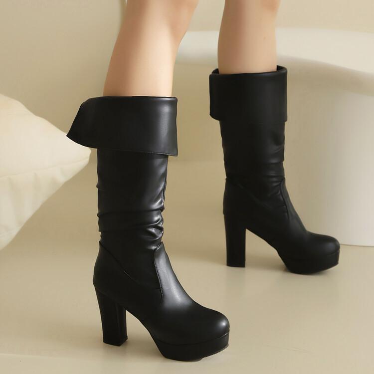 Women's high boots, black square head, thick heel but knee, long boots, thick fur, thickened warm cotton shoes, piled and thickened