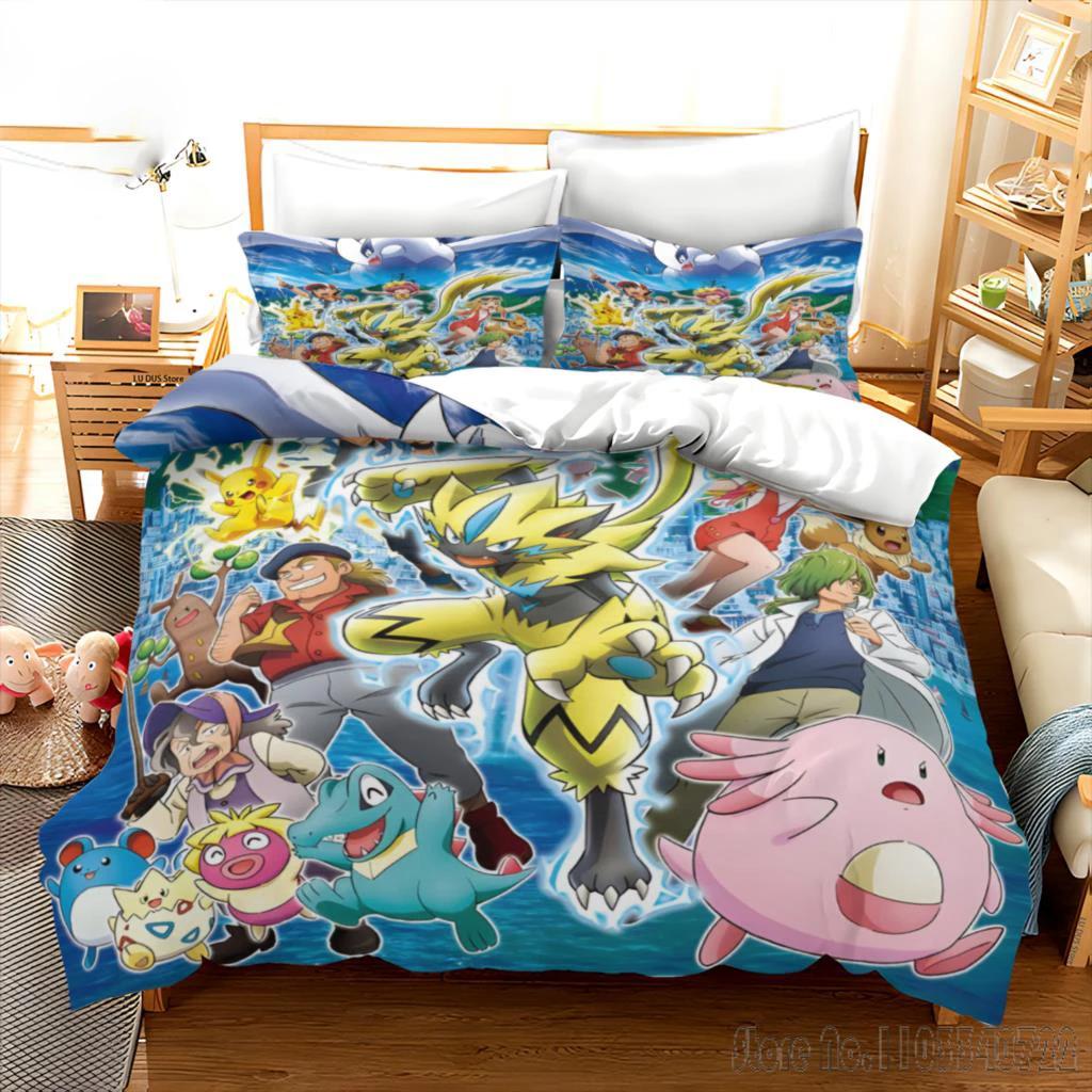 

Pokemon Bedding Set Cartoon Anime Children Bedroom Quilt Cover Boy Girl Bedclothes Single Double King Pikachu Duvet Cover Gift 220*240cm 3pcs
