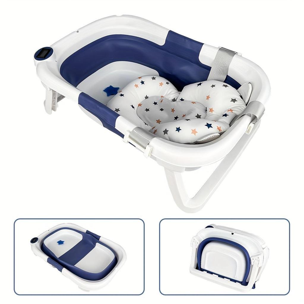 Foldable Baby Bathtub with Thermometer,Portable Travel Newborn Bathtub,with Soft Pad and Thermometer,Drainage Hole,Durable Foldable Youngsters Bathtub