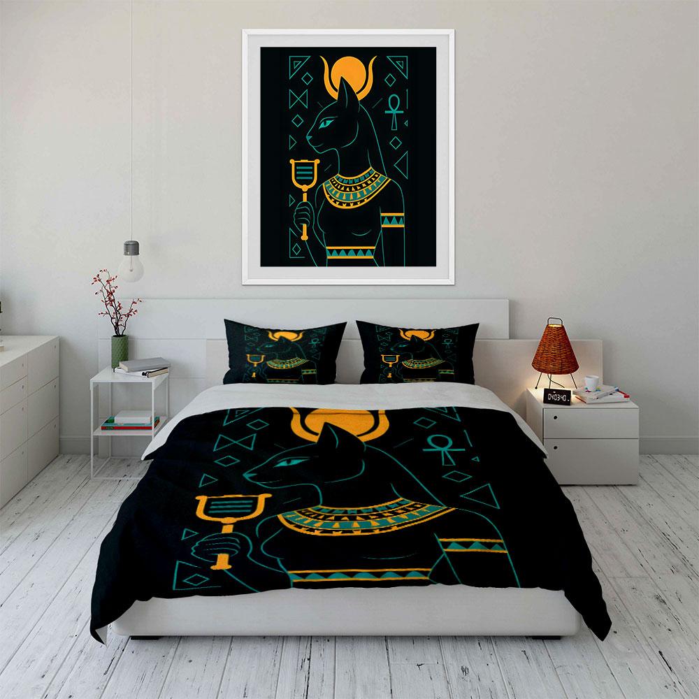 Ancient Egyptian Cat Goddess Illustration Bedding Set for Kids Luxury Gift 3pcs Digital Print Comforter Set Soft Comfortable