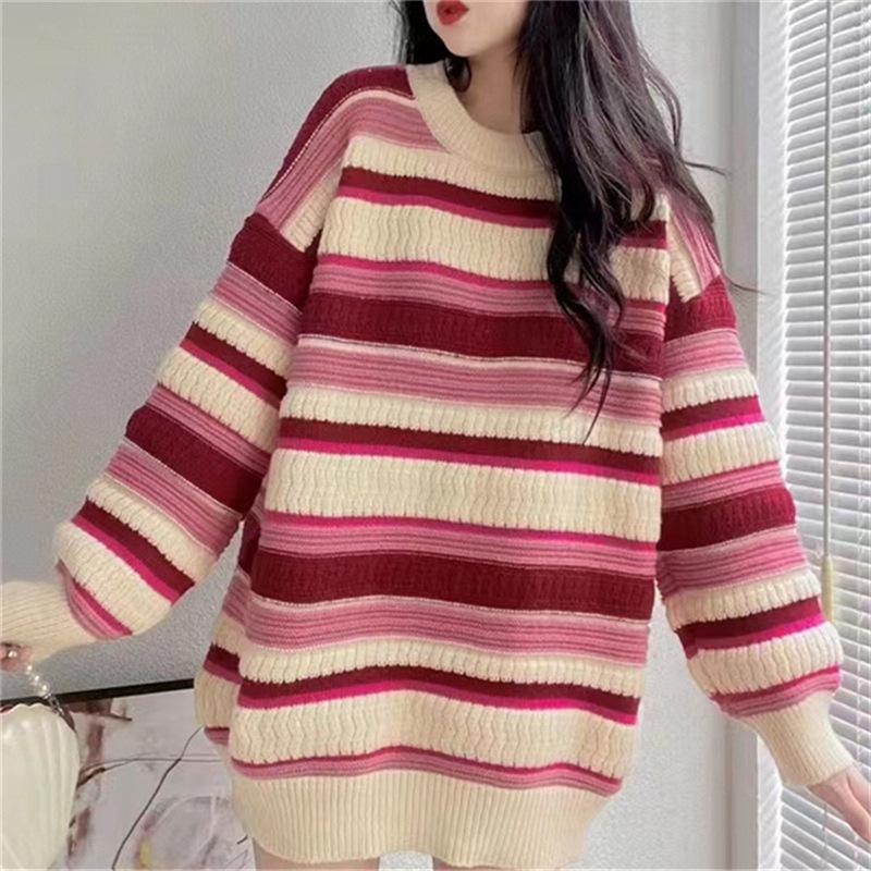 Retro Striped Color Block Soft Jacquard Pullover Sweater for Women - Autumn Winter Loose Knit Top