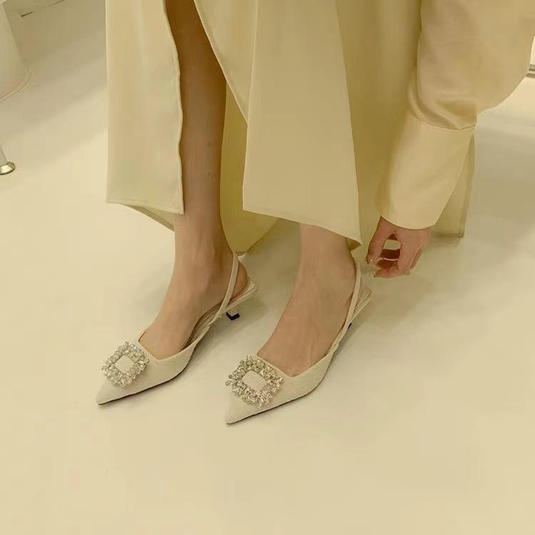 Baotou sandals women's new summer rhinestone square buckle fairy wind back empty French thin heel high heel pointed single shoes
