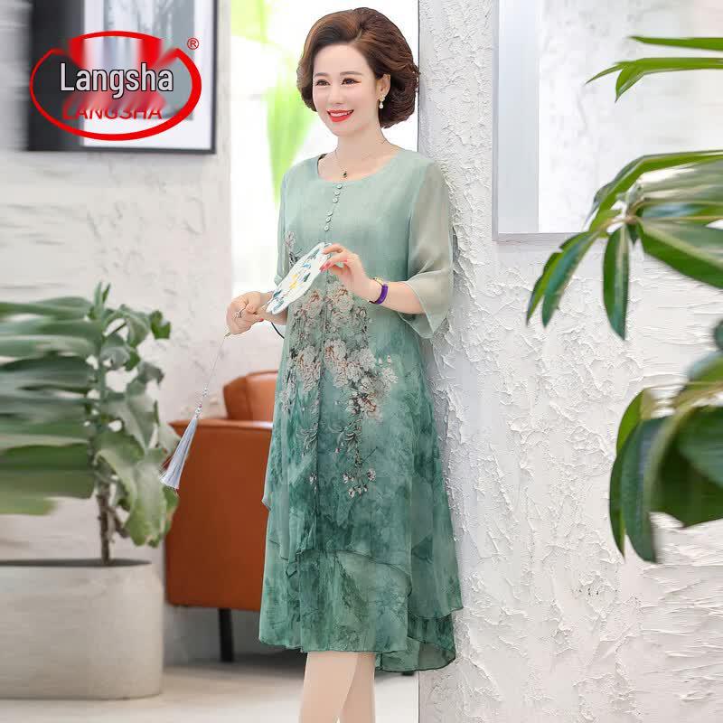 LangSha Mid-Aged Women s Floral Chiffon Short Sleeve Summer Dress 4XL