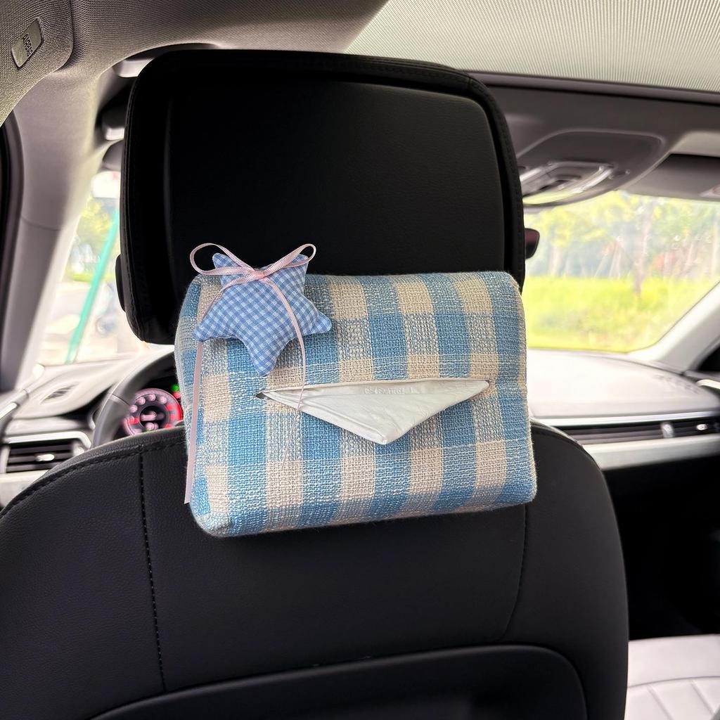 Cartoon Bear & Bunny Plaid Tissue Box for Car Seat Back, Armrest, or Sun Visor