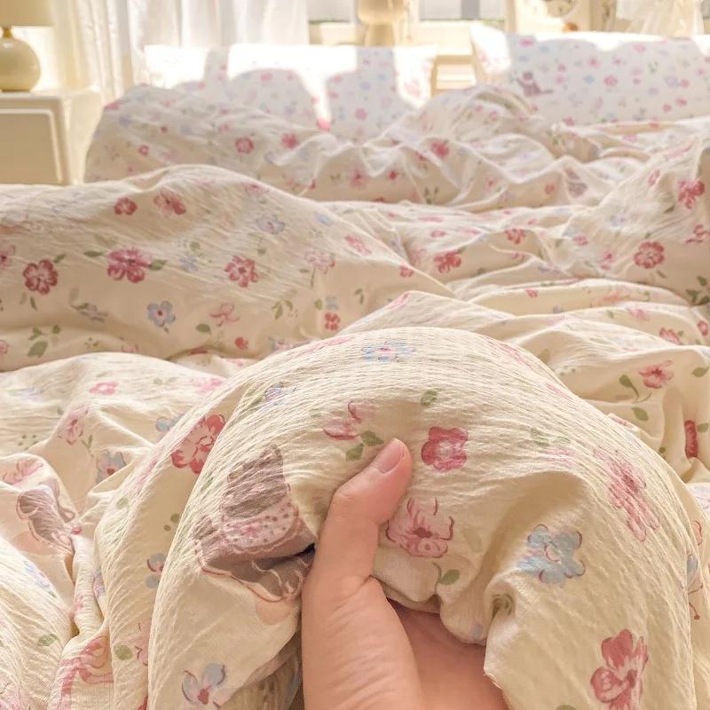 

Wrinkled double-layer yarn four-piece set, mattress model, cream wind class A cloud feeling super soft kapok kit bed 0.9m 3pcs&Flat Sheet