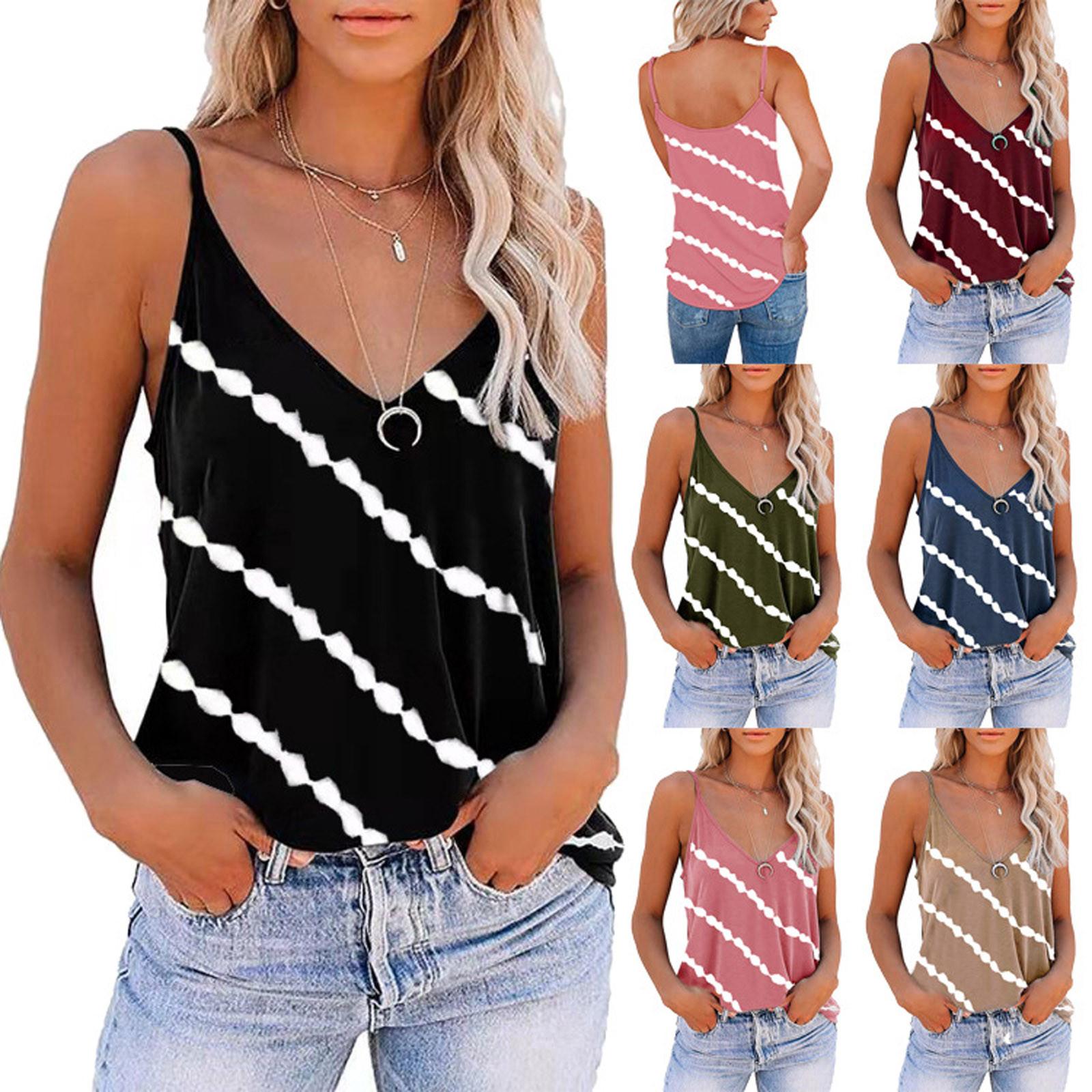 

Women s Camisole Sleeveless Vest Stripes Print Casual T-shirt Blouse Tank Tops