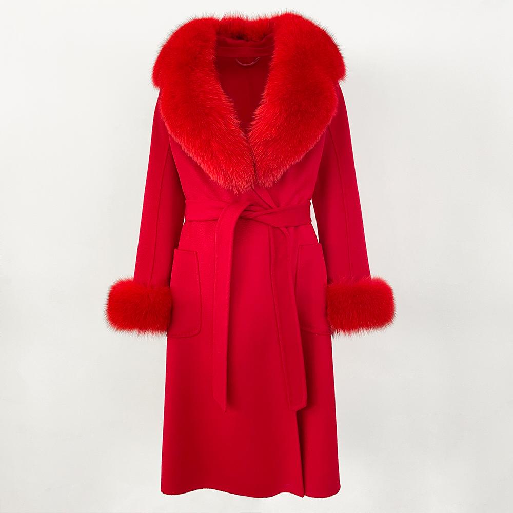 MENINA New  Autumn Winter Fashion 100% Wool Water-Corrugated Woolen Coat with Detachable Fox Fur Collar Women Daily Casual Wear