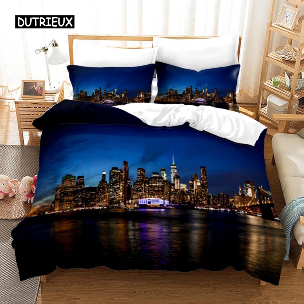 

Комплект постільної білизни з нічним видом на місто Нью-Йорк Queen King Size Підодіяльник/Підковдра Наволочка М’який домашній текстиль Постільна білизна AU Single(140x210cm)