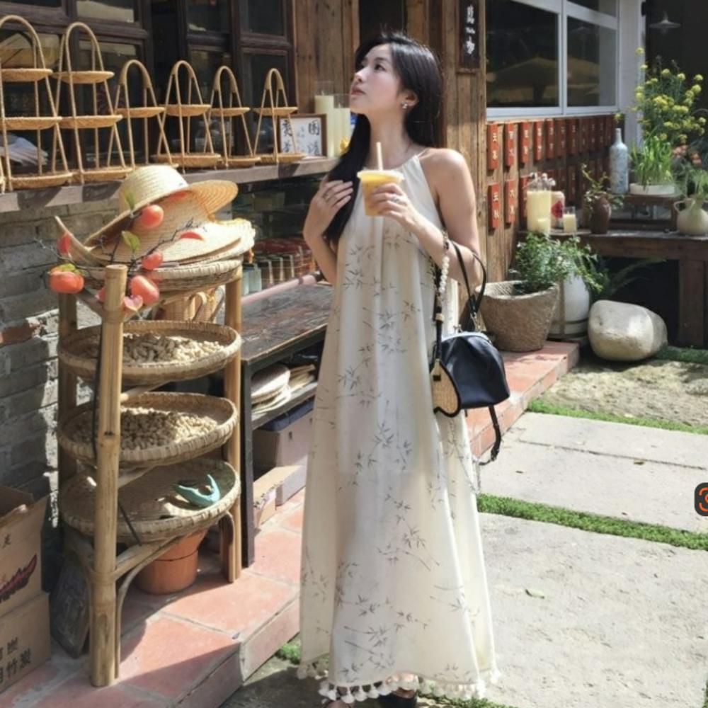 A-line Sleeveless Long Dress Loose Beach Vacation Sundress Floral Skinny Strap Dress  for Girls