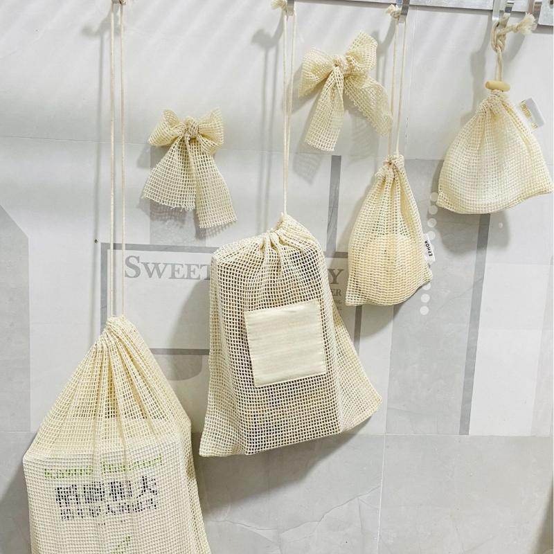 Cotton Mesh Net Bag Double Drawstring Storage Pouch for Vegetables Fruits Toys Sundries Household Organizer Household items