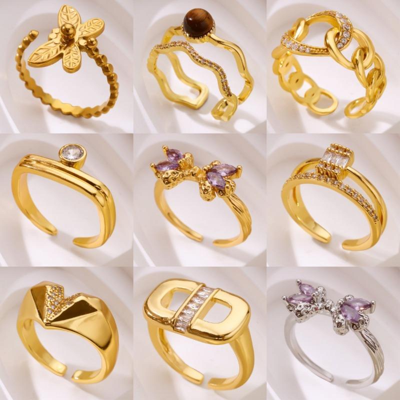 Fashion Design Sense Gold-plated Diamond Butterfly Love Open Copper Ring Women's Fashion Versatile Ring Hand Jewelry