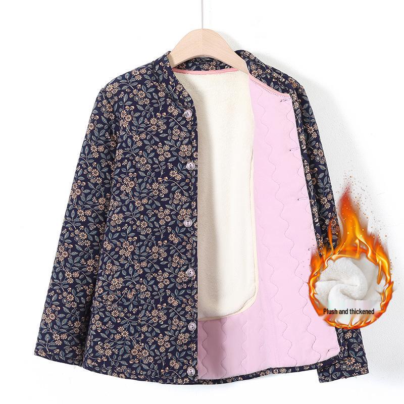 Grandma's Winter Floral Cotton Jacket with Velvet Lining - Warm, Thickened, Small Size for Elderly Women