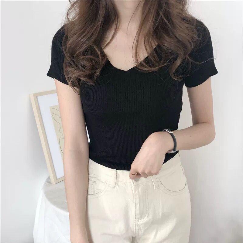 Women Spring Summer Pullovers Knitted Sweaters Primer Shirt Short Sleeve V-Neck Slim Bottoming Tops Solid Color One Size