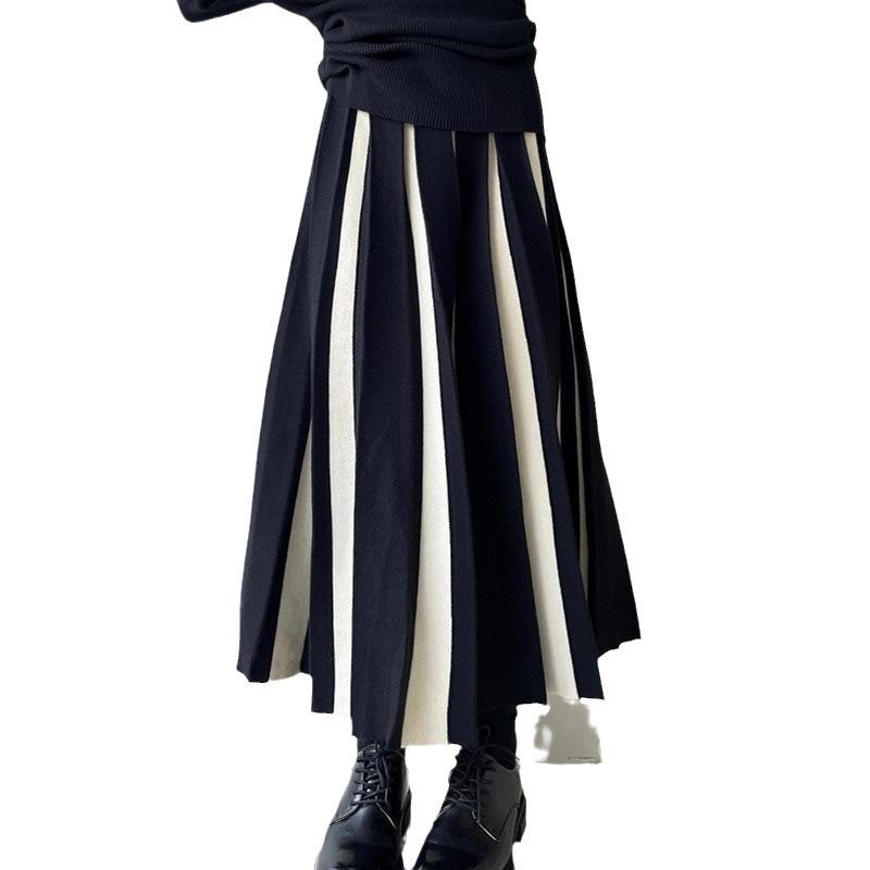 Women Contrast Color Midi Knit Skirts Loose Casual Elastic Waist Pleated Sweater Skirts
