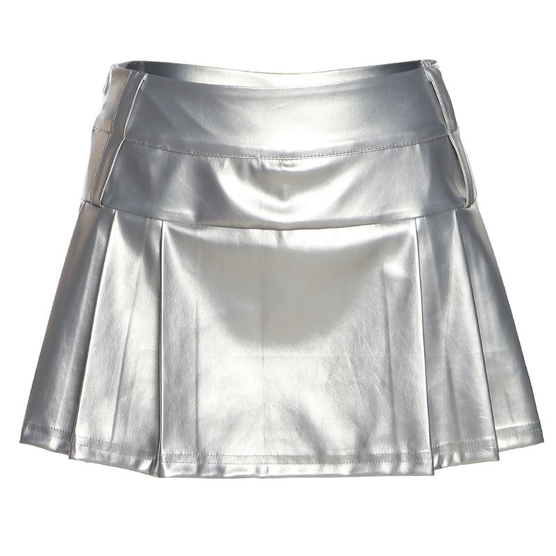 

Solid Color High Waisted Pleated Skirt Pure Color High Waist Slim-Fit Pleated Skirt Silver S