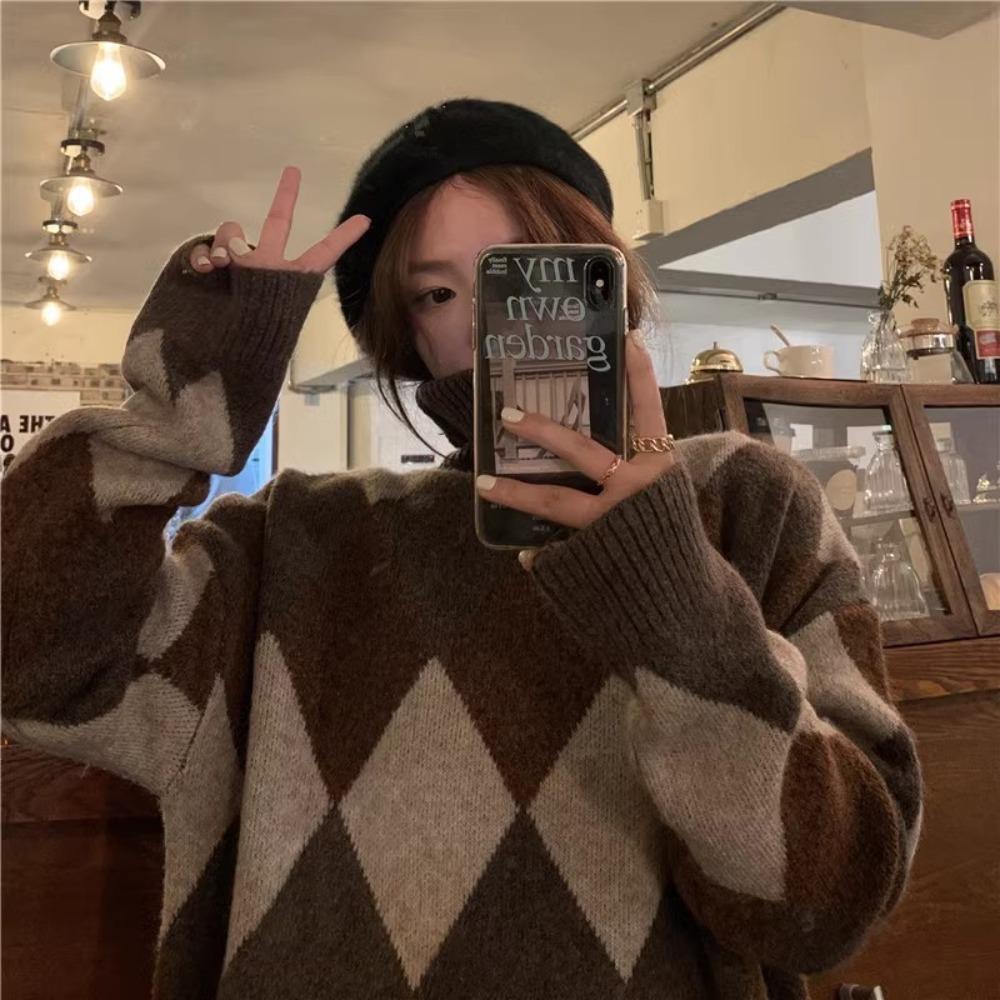 Women's Turtleneck Long Sleeve Sweater Oversized Loose Fit Argyle Color Block Knit Tunic Top Casual Winter Mid Length Pullover