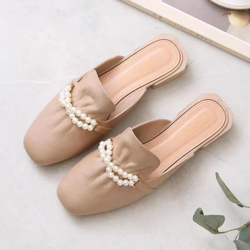 Fashion Women Slippers 2024 New Summer Fashion Slip on Flat Soled Cute Casual Outdoor Pearl Toe Square Toe Women Shoes