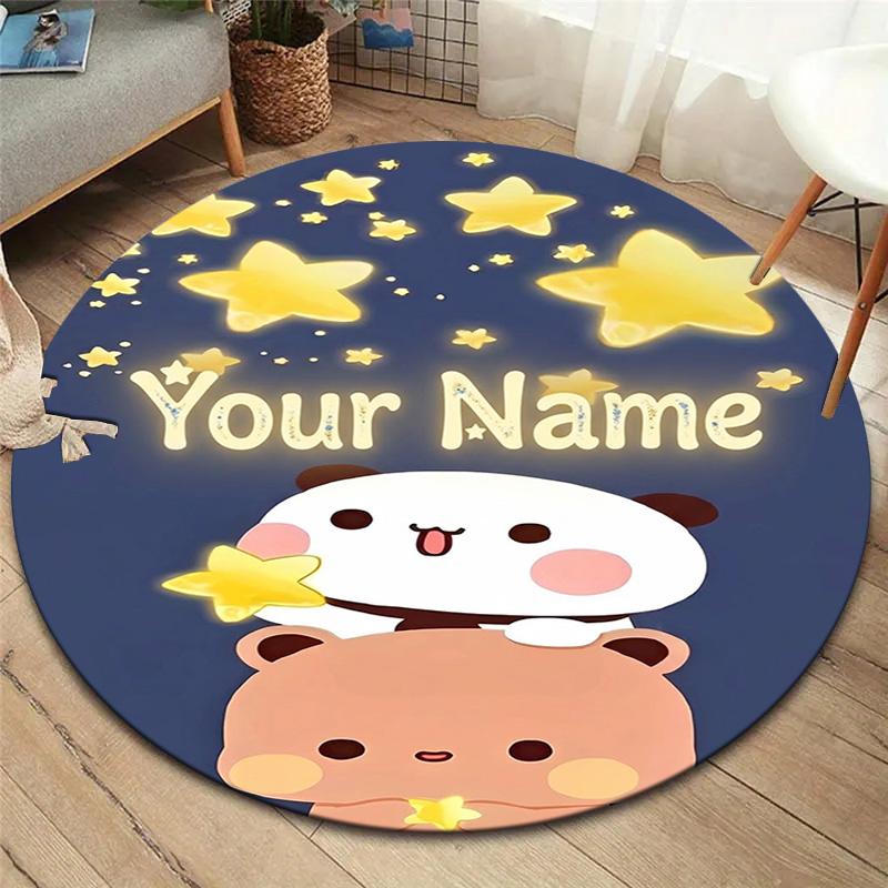 Bear Panda Night Custom Name Round Area Rug Carpet Rug For Living Room Bedroom Sofa Playroom Decor Nonslip Floor Mat