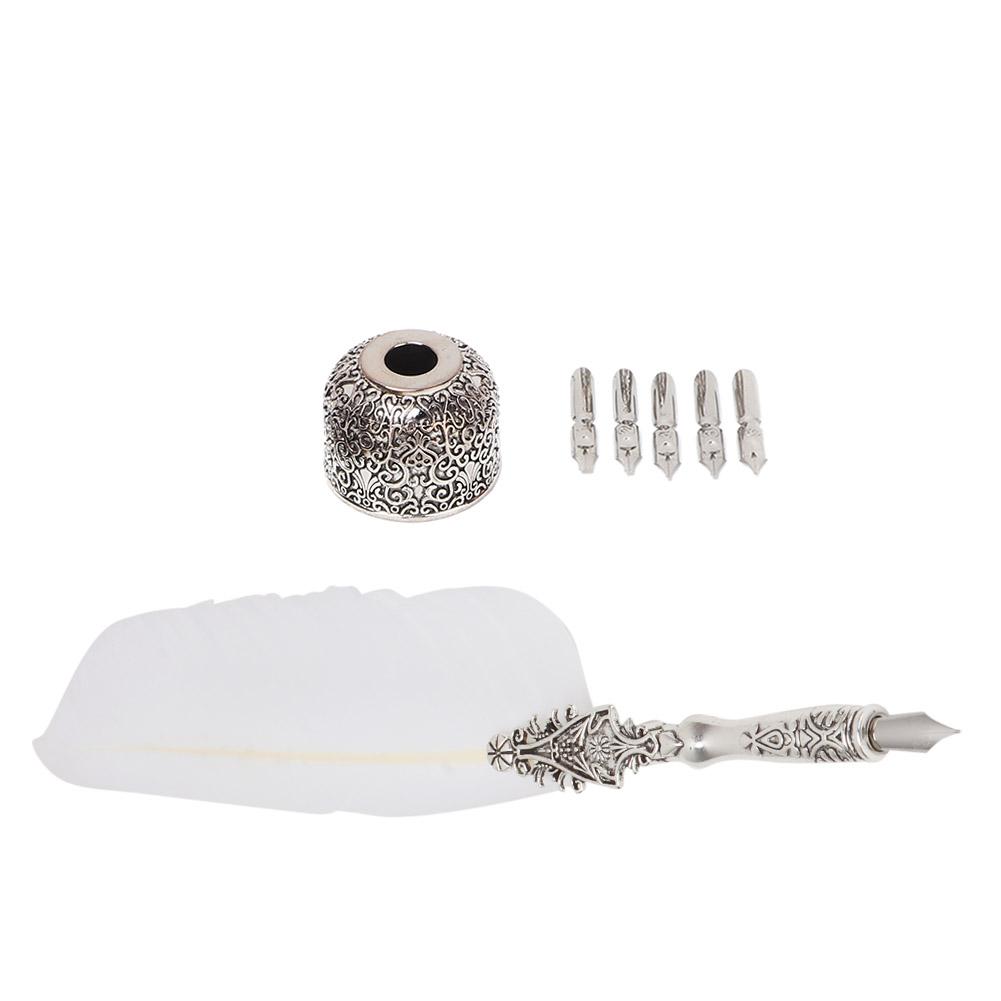European Vintage Fountain Pen Feather Quill Dip Pen Signature Pen Set Stationery Gift (White)