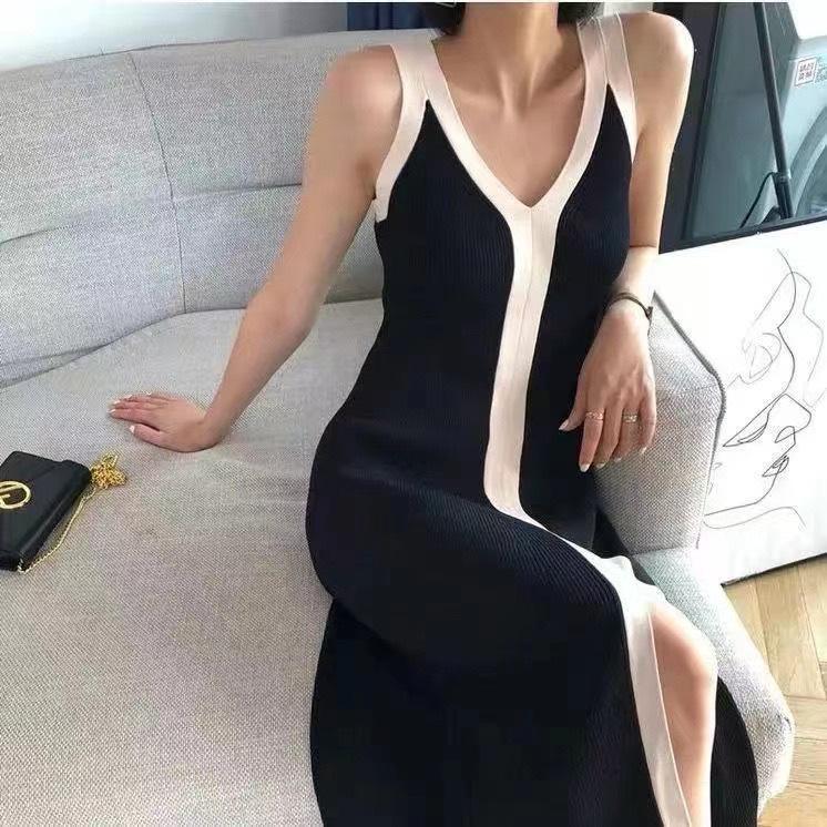 Color Block Wool V-Neck Spaghetti Strap Knit Dress with Slit