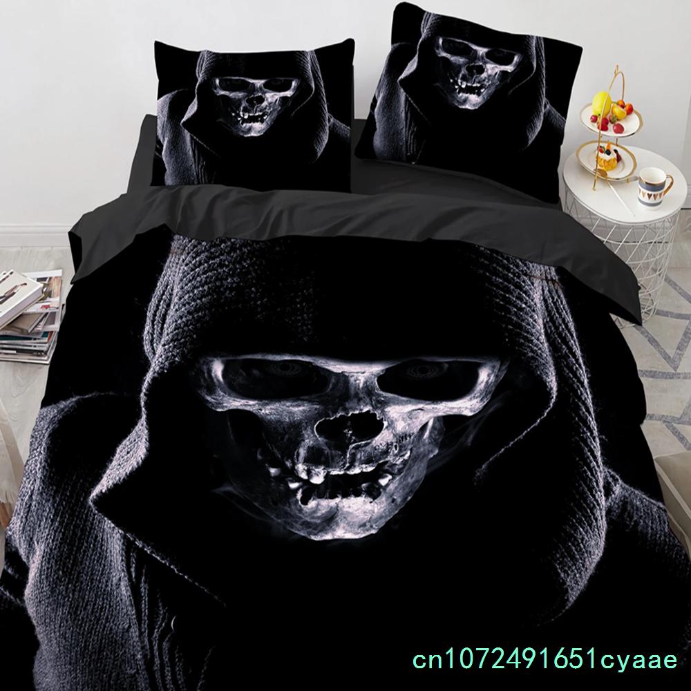 Set Biancheria da Letto Teschio Cappello Nero Misura Queen Set Copripiumino Halloween Stile Moderno Set Biancheria da Letto Camera da Letto Copripiumino Federe