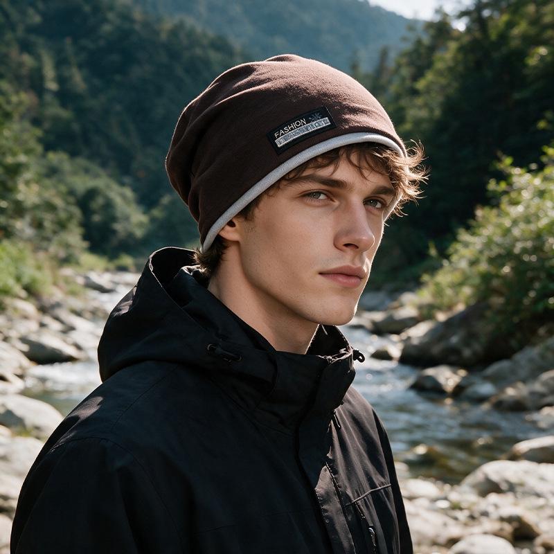 Unisex Korean-Style Double Layer Slouchy Beanie - Autumn/Winter Solid Color with Cloth Label