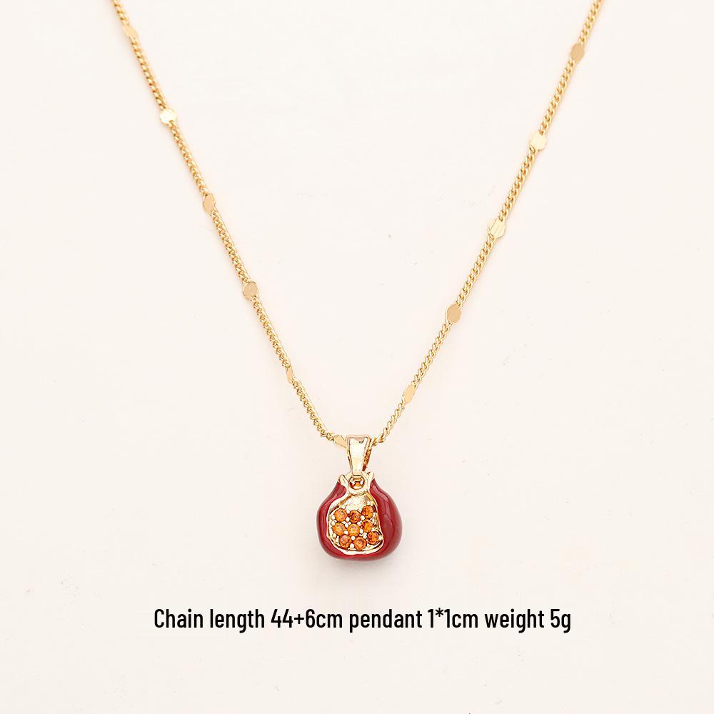 Festive Red Pomegranate Zircon Pendant Necklace & Enamel Bracelet with High-End Earrings Set