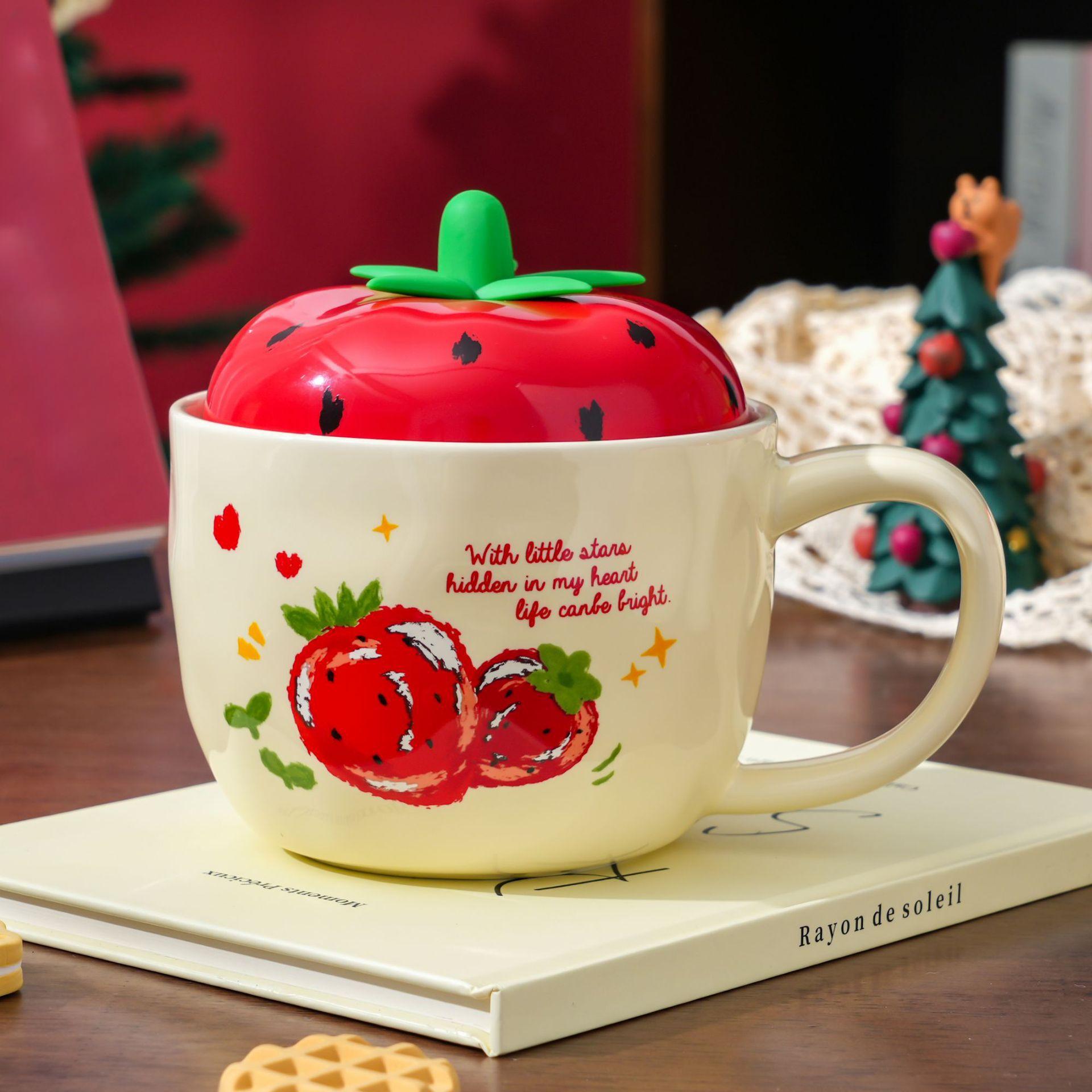 Niedliche Cartoon Apfel Keramiktasse mit Deckel Kreative Persönlichkeit Kaffee Milch Büro Wasserbecher Haushalt 420ml red