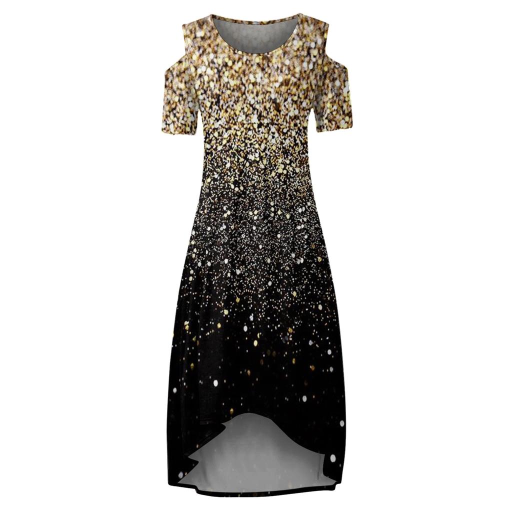 Plus Size Women's Short-sleeved Fashion Print -neck Off-shoulder Irregular Hem Dress