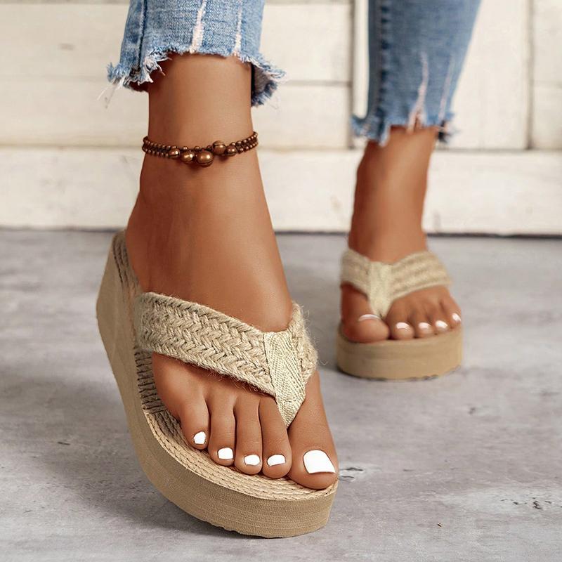 Fashion Straw Rope Weave Wedge Flip Flops Women Lightweight Thick Bottom Beach Slippers Woman 2025 Summer Clip Toe Platform Sandals