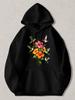 Black Pullover Hoodie with Vibrant Hummingbird and Tropical Hibiscus Flower Print Casual Long Sleeve Sweatshirt with Kangaroo Pock