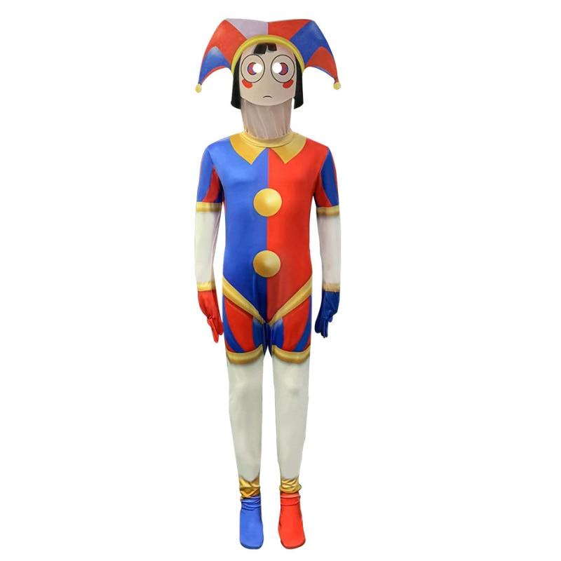 Kids Carnival Cosplay Costume Pomni Clown Amazing Digital Circus Halloween Party with Mask Red Blue Polyester 3-4 Years 120CM