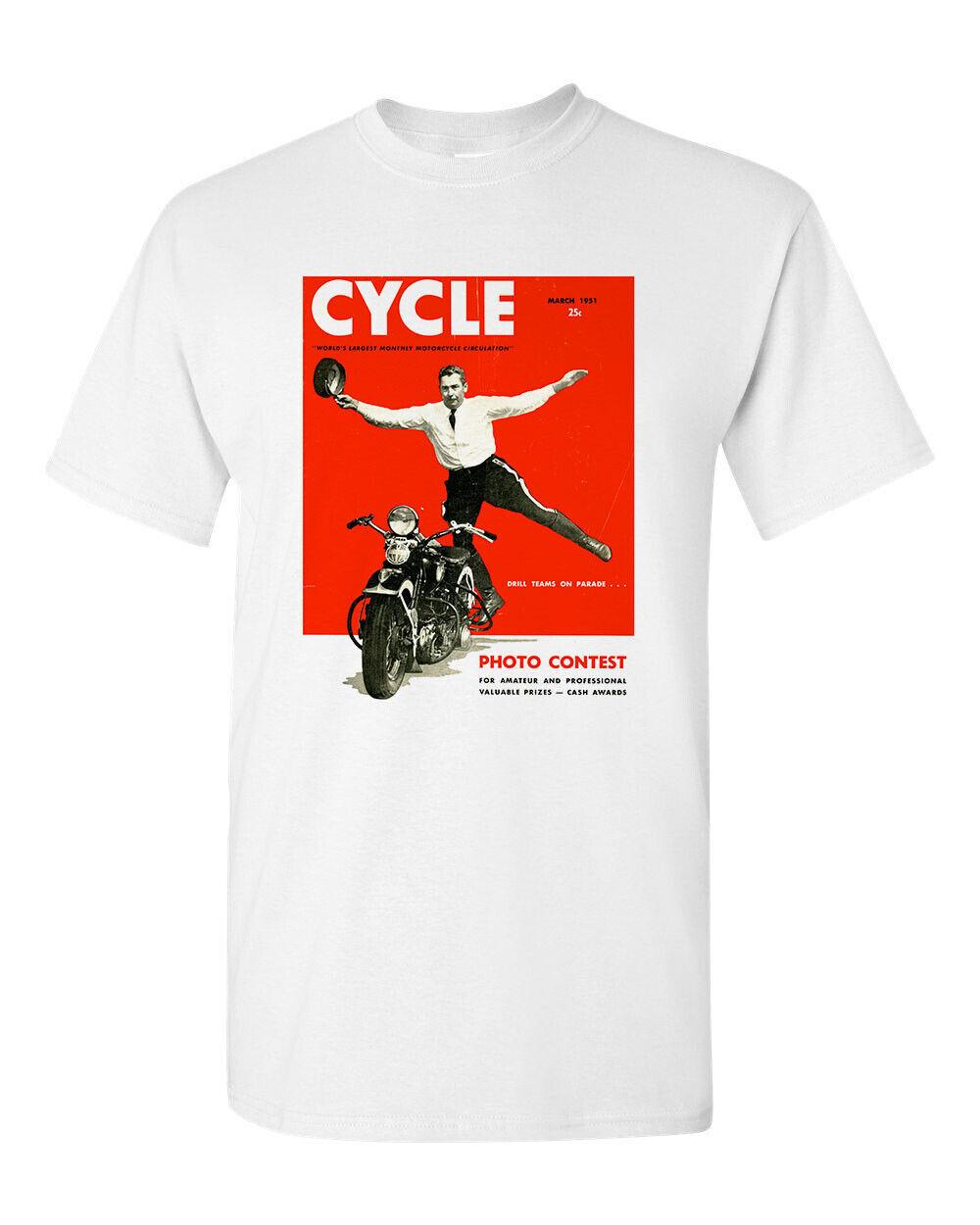 Motorcycle Tee T Shirt White 100% Cotton Vtg Art Cycle March 1951 Retro XL