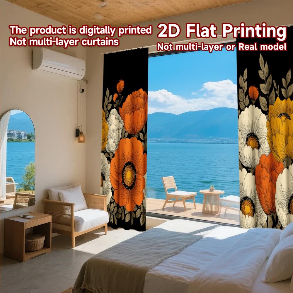 2D FLAT PRINTING 2pcs Curtains (Without Rod) Floral Pattern in Orange and White Modern Fashionable Curtainments during the