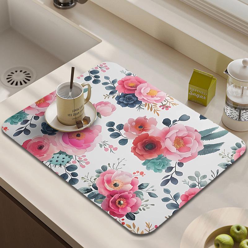 Floral Diatomaceous Earth Countertop Drying Mat - Absorbent, Quick-Drying, Heat-Resistant, Easy-to-Clean, Dustproof Oven Placemat.