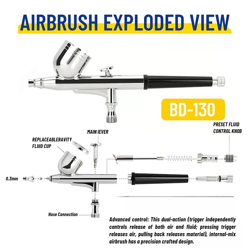 Professional Double Action Airbrush BD-130 Mounted 0.3mm Nozzles And Needles