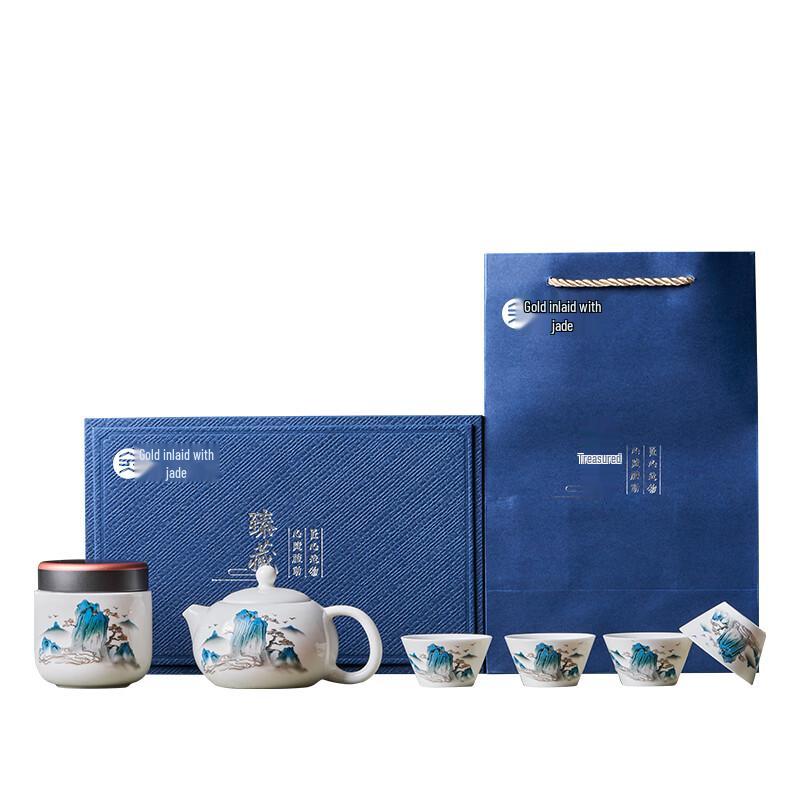 Gold Inlaid Jade Porcelain Tea Set with Mountain & River Design