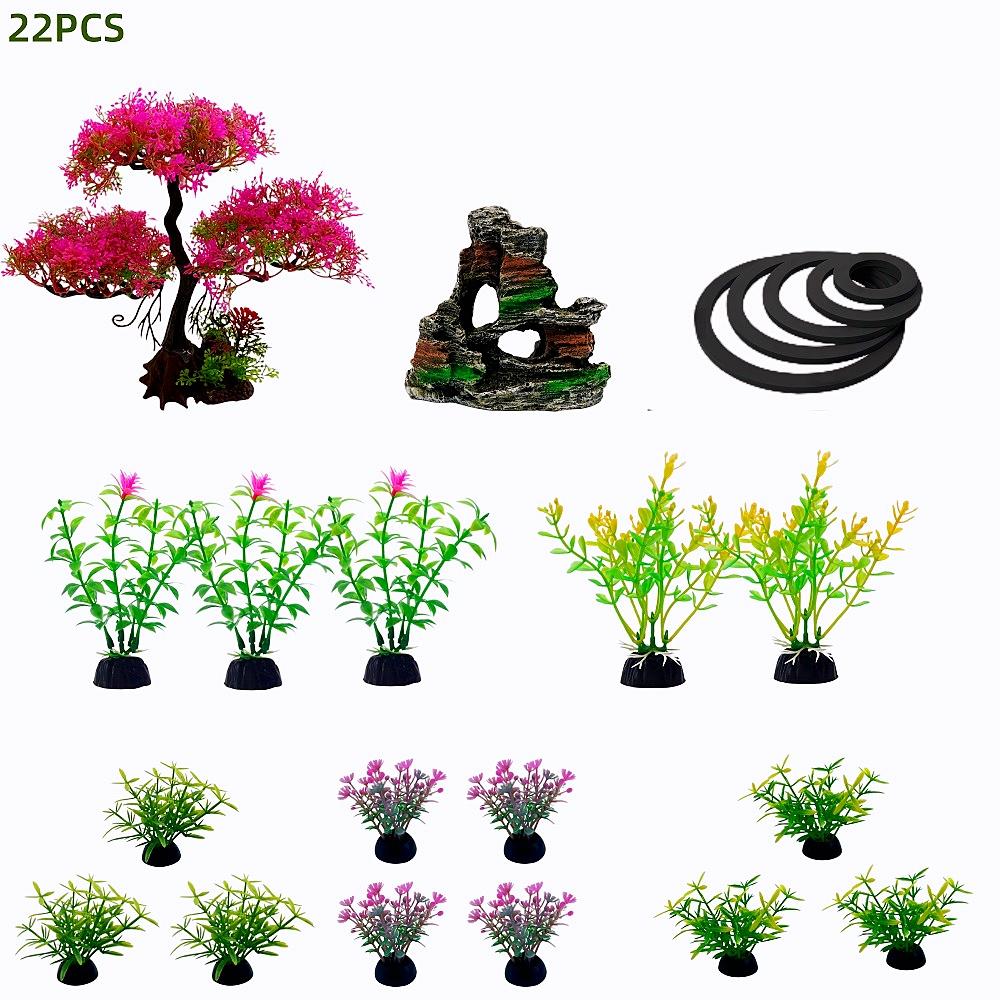 

22PC set Aquarium Plants Ornaments Plastic Simulation Fish Tank Decoration Accessories-Simulation tree - rockery - grass fence