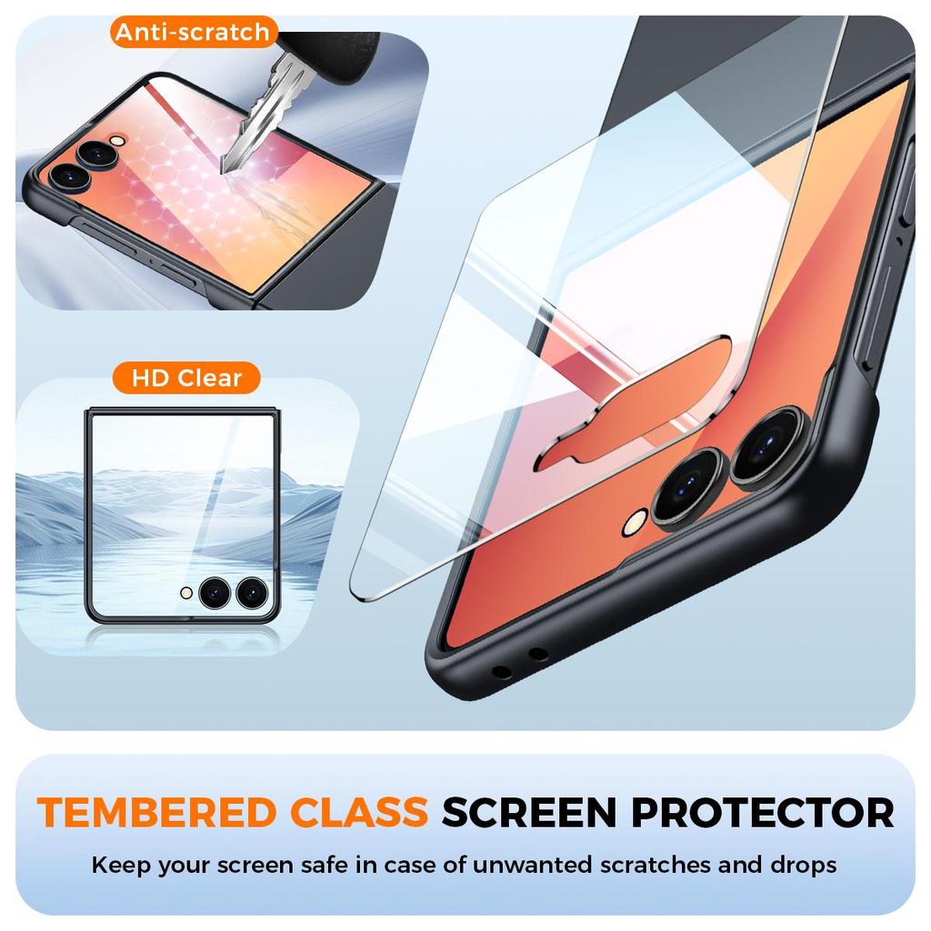Protective Case with Built-in Tempered Glass Screen Protector Slim Design Sandblasted Finish for Samsung Galaxy Z Flip 7-Black