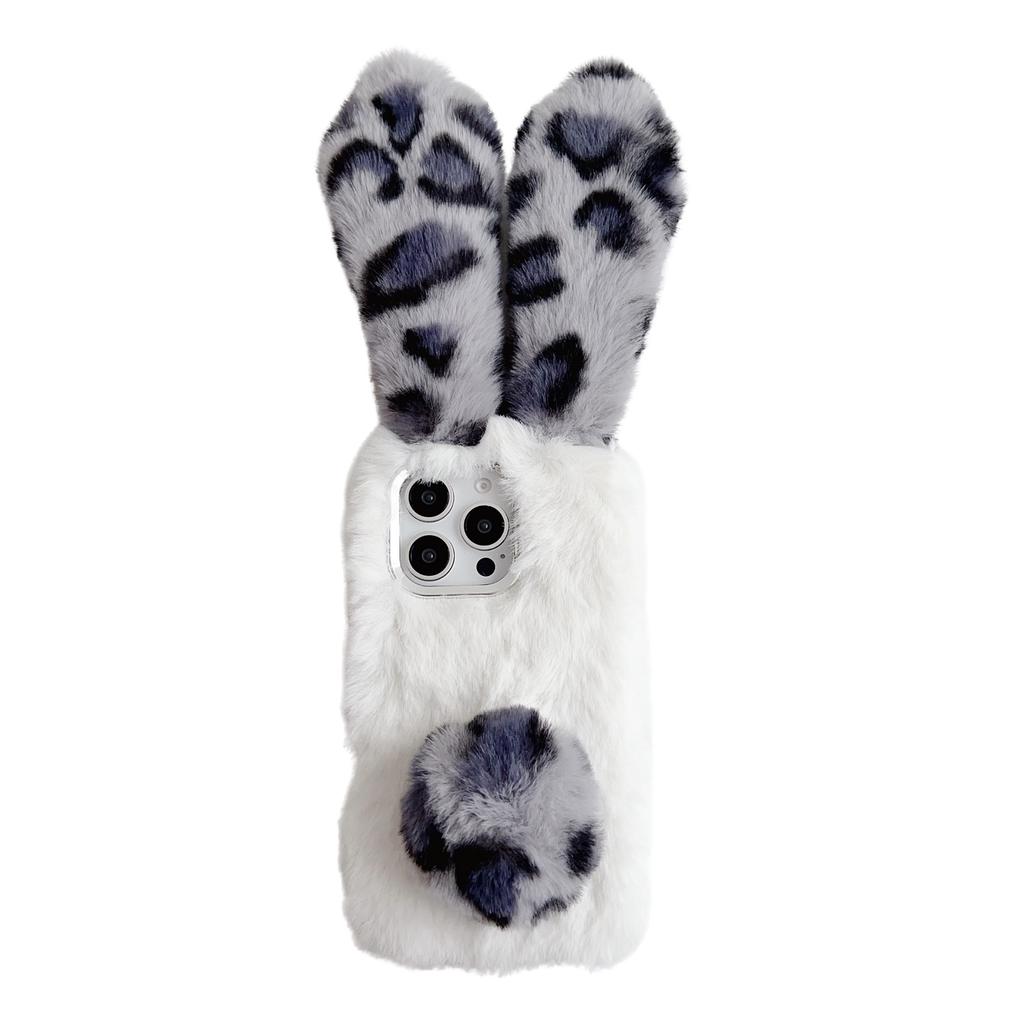 For iPhone 16 Pro Max Case Fluffy Leopard Splicing Bunny Plush TPU Phone Cover