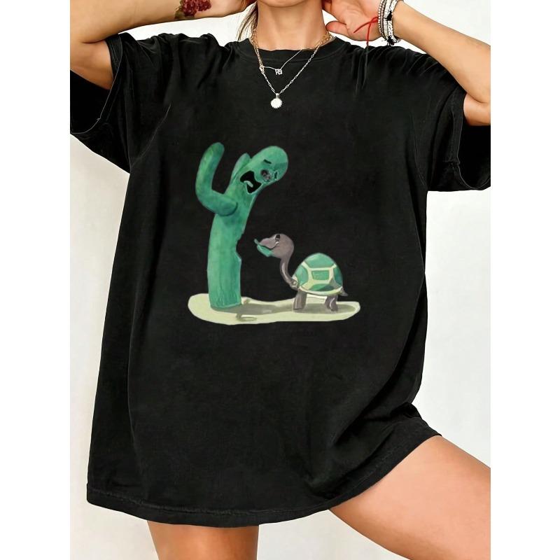 

Oversized T Shirt Black Cactus And Turtle Print Casual Wear For Women Summer Streetwear Fashion Top S