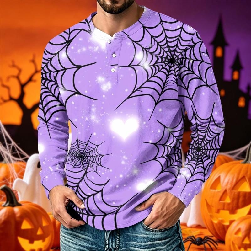 Men Henley Long Sleeve T‑Shirt Halloween 3D Print Pumpkin Ghost Bat Spider Web Graphic Holiday Party Casual Tee