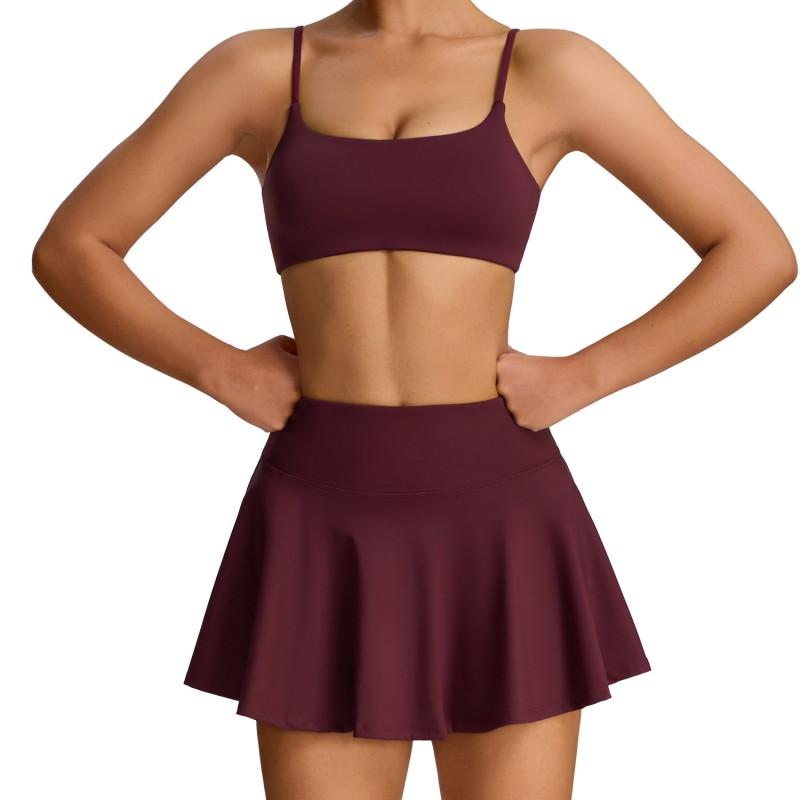 Womens Seamless Yoga Sports Set With Built-in Bra Pocket Skirt Outdoor Fitness Tennis Badminton