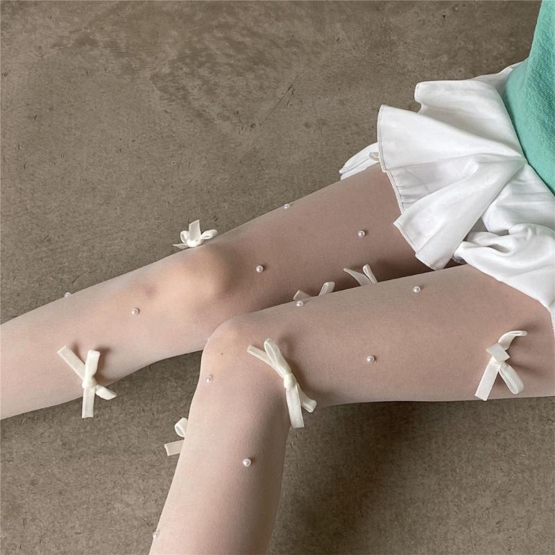 Women Sweet Sheer Pantyhose Stockings Cute Mini Bowknot Pearls Beaded Thin Nylon Tights Soft Breathable Leggings