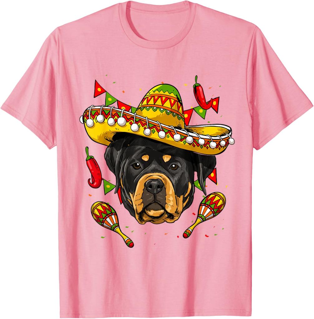 Cinco De Mayo Rottweiler Sombrero Dog Graphic Tee Casual Cotton Short Sleeve T-Shirt for Men Women