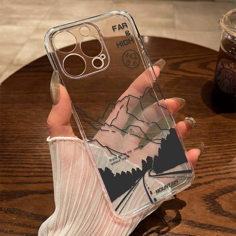 Minimalist Mountain Landscape TPU Phone Case For IPhone 15 14 13 12 11 Pro Max X XR XS 8 7 Plus, Clear Shockproof Protective Cover