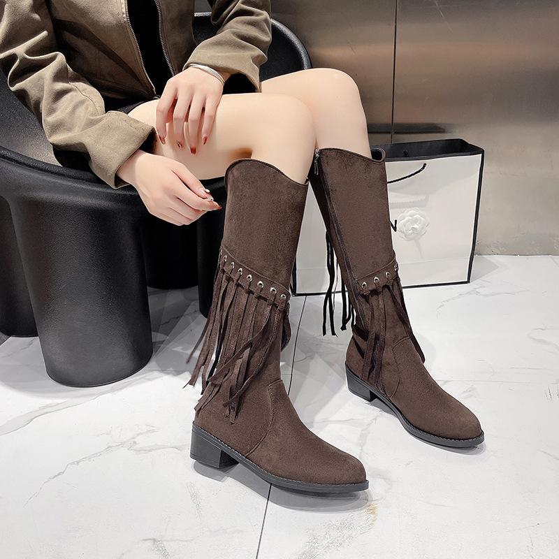 

Fringed boots autumn and winter new suede retro side zipper thick heel western boots 43 темно-коричневого кольору