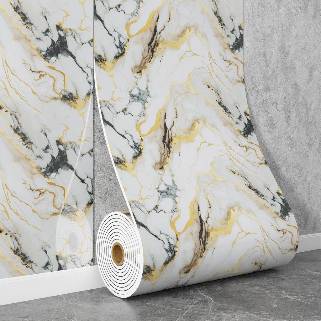 Self-Adhesive Waterproof Imitation Marble Tile Wall Sticker for Bathroom, Living Room, Kitchen, and TV Background.