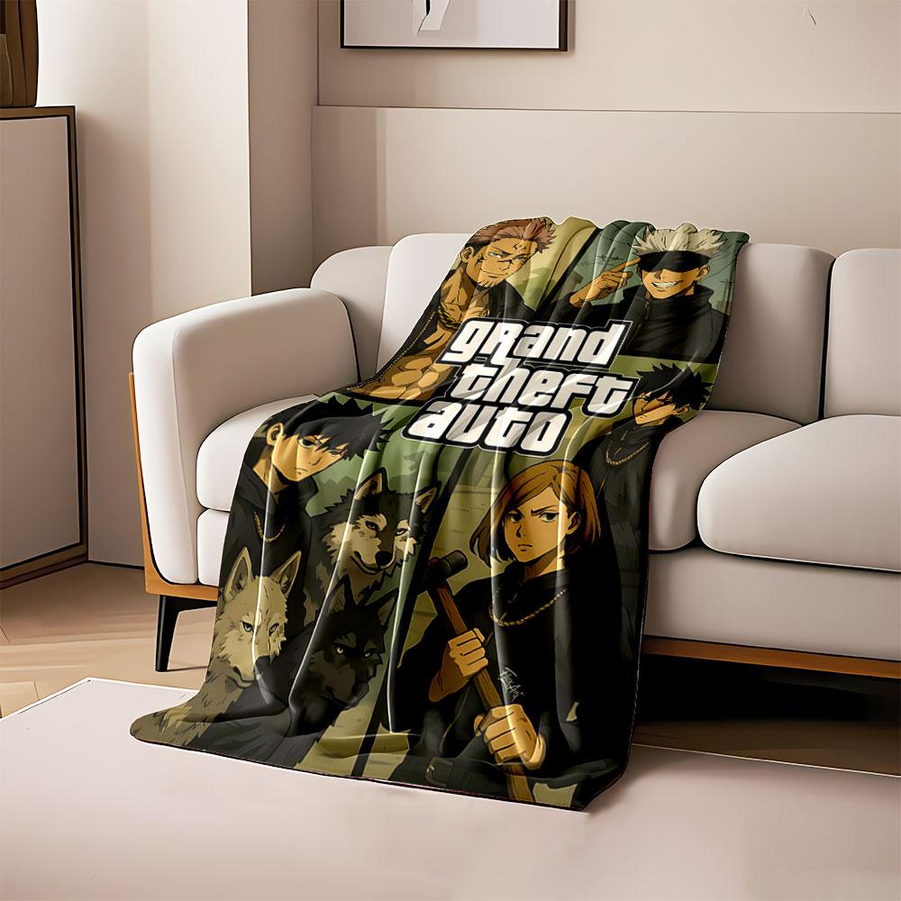 

Stylized characters in panels with a Grand Theft Auto logo centerpiece. for all seasons blanket lunch break throw gift 80cm x 120cm