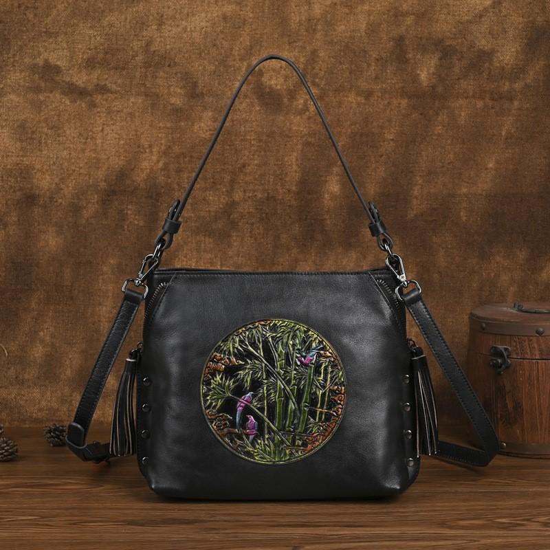 Johnature Vintage Embossed Women's Bag Genuine Leather Large Capacity Versatile Shoulder & Crossbody Bags